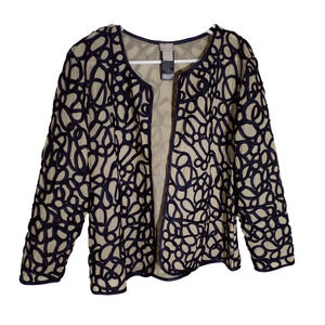 Chicos Travelers Collection Swirl Strip Jacket Tan Black Sz 1/Medium Hook N Eye